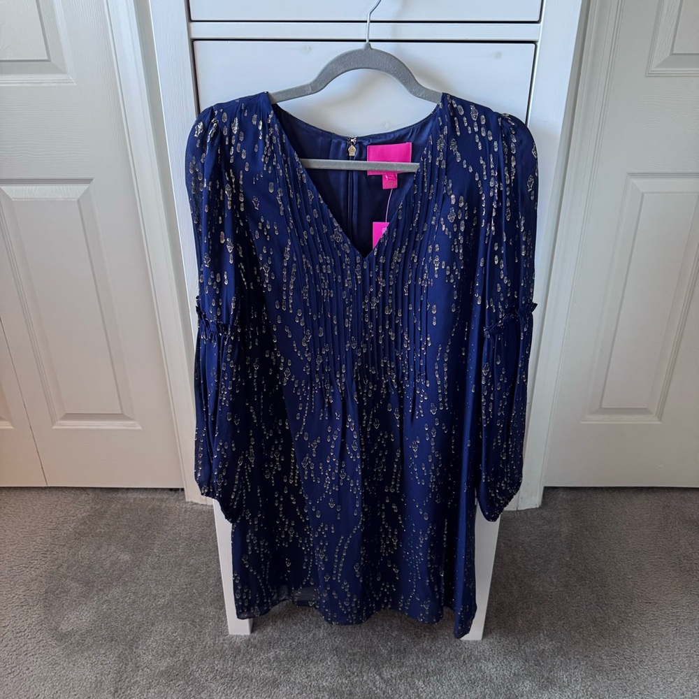 NWT Lilly Pulitzer Cleme Silk Dress in True Navy Fish Clip Chiffon. Sz. 4
